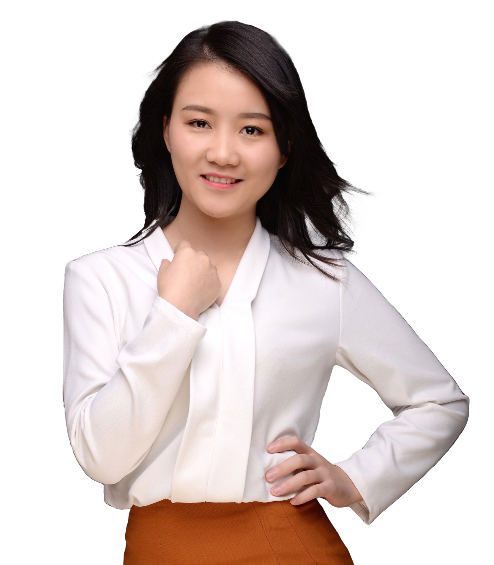 Si Pei in a white blouse, smiling confidently